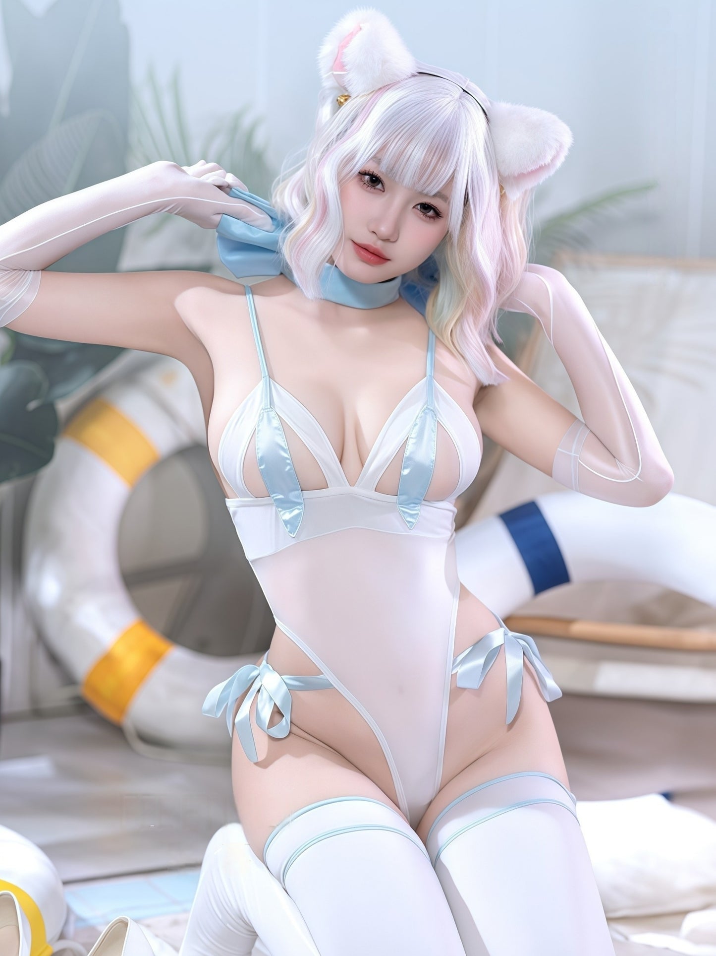 Cute & Sexy Cat Ear Lace Teddy Bodysuit # 6297 - Open Cup & Open Crotch