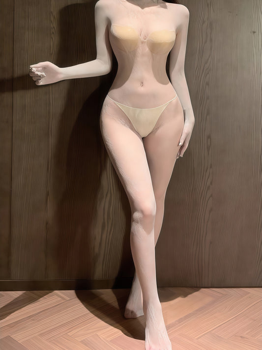 复古提花长袖全身渔网袜 #7443 灰/黑