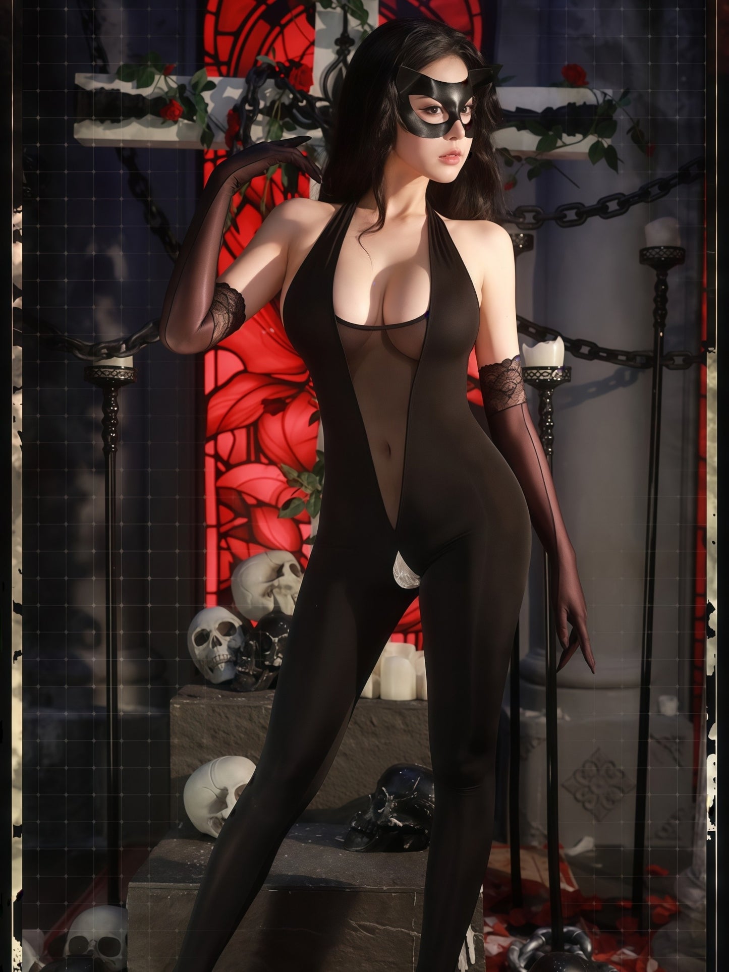 Midnight Castle Sheer Cut-out Catwoman Suit #6128