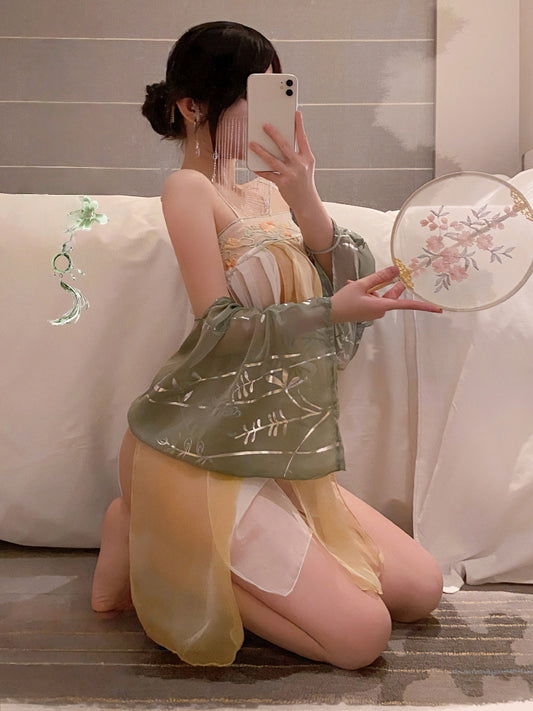 Chinese-style Traditional Uniform High-end Hanfu Sleepwear Bra Set Midnight Charm Sexy Lingerie #7874