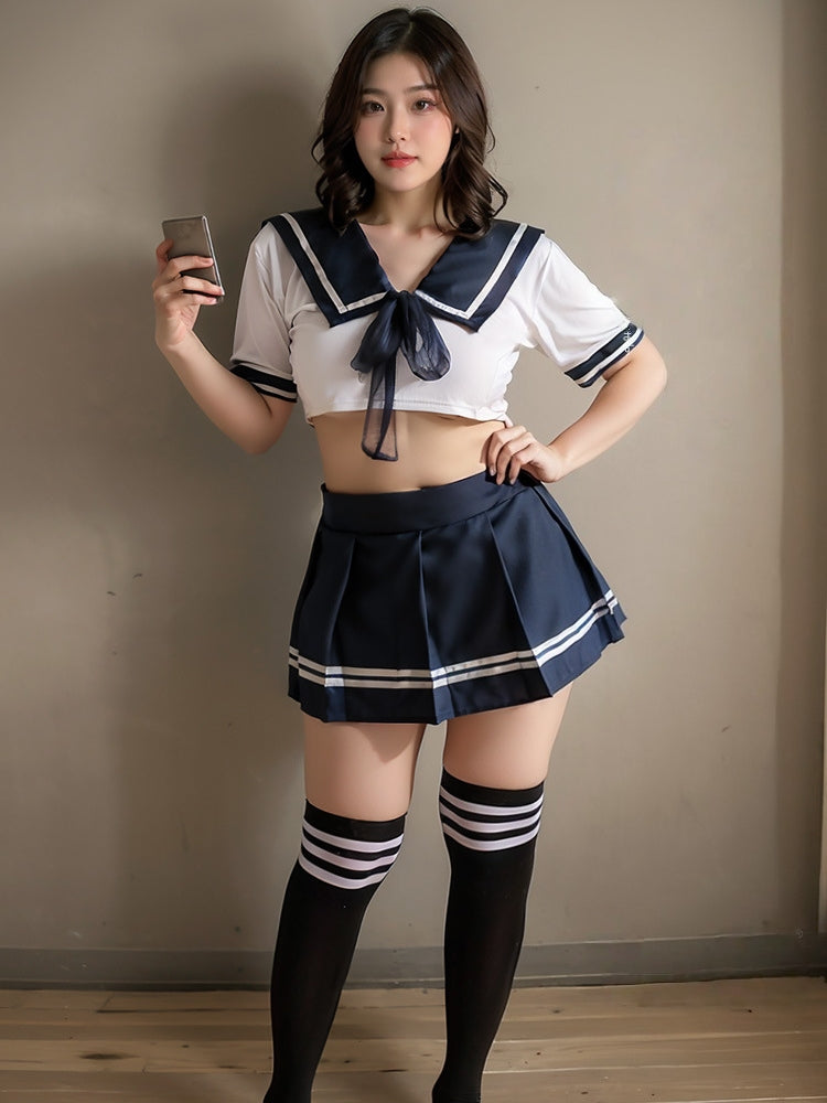 大码 清纯露腰学生制服情趣内衣性感水手超短裙套装 #7962