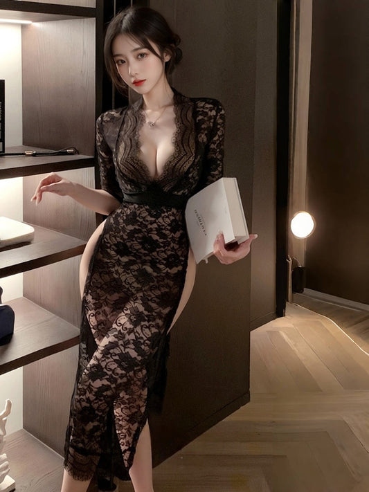 深V开衩露臀透视诱惑免脱蕾丝长裙 #6363