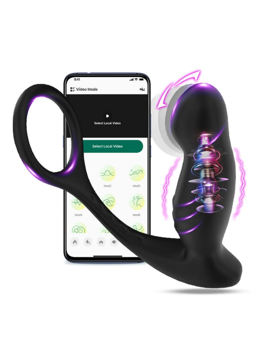 成人男性情趣用品APP控制肛门前列腺按摩器,带双阴茎环、振动肛塞、肛门珠、振动模式G点振动器