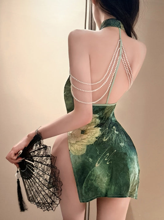 Lotus Reflecting The Moon Deep V Sexy Cheongsam With High Slit Revealing Hips No Need to Remove Lingerie #3851