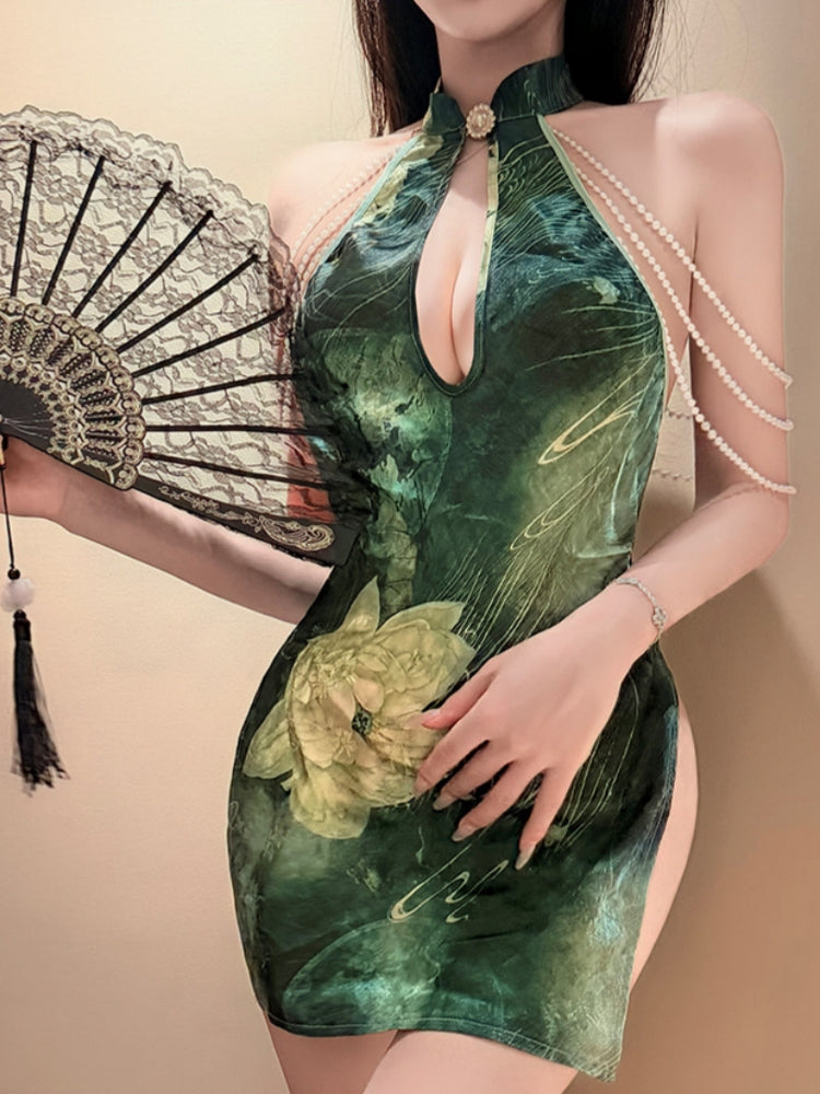 Lotus Reflecting The Moon Deep V Sexy Cheongsam With High Slit Revealing Hips No Need to Remove Lingerie #3851