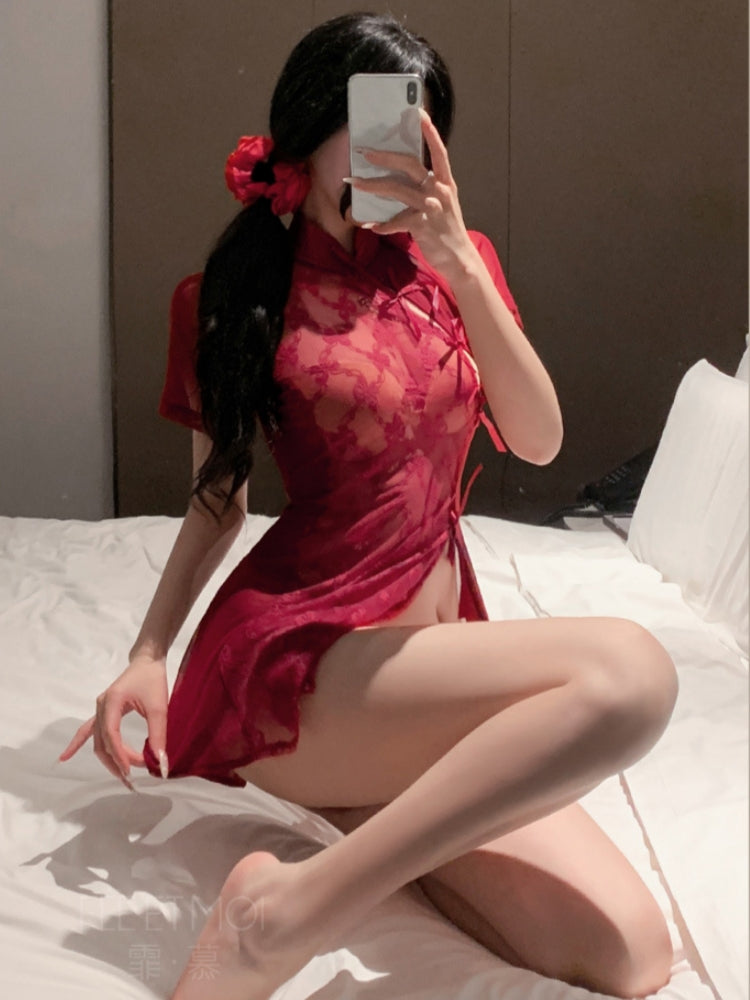 Lace-trimmed Sheer Cheongsam Revealing The Buttocks Sexy See-through Lingerie With Exposed Breasts And A Vntage Style #6232