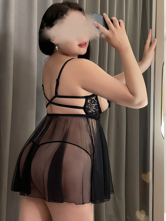 Plus Size Sexy Open Crotch Free Temptation Suspender Nightgown #7753