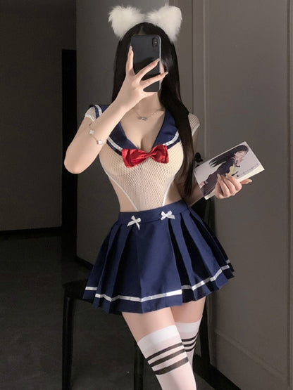 Sexy Lingerie Net Tied Two Wear College JK Uniform Temptation Sexy Pure Desire Perspective Jumpsuit Suit #6922