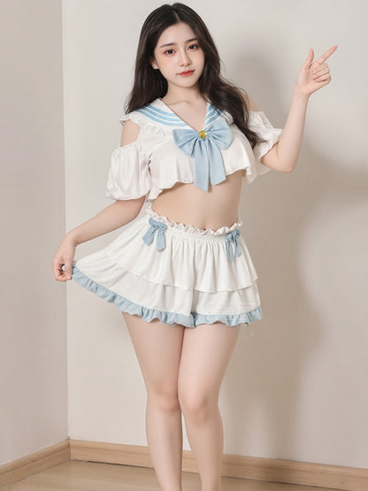 Cutout And Off-shoulder Sexy And Alluring Preppy Style Uniform Set #ZY6772