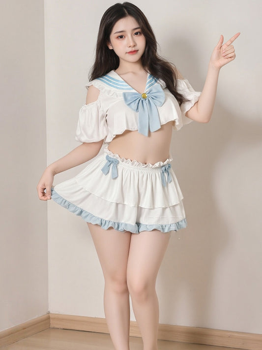 Cutout And Off-shoulder Sexy And Alluring Preppy Style Uniform Set #ZY6772