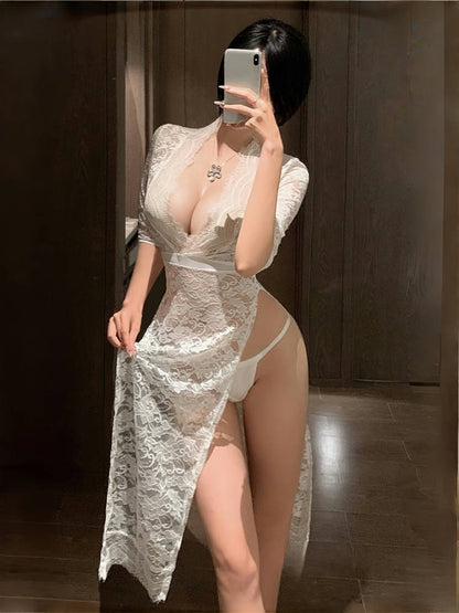 Deep V Slit Hip- Revealing Perspective Temptation Lace Long Skirt Free to Take Off #6363