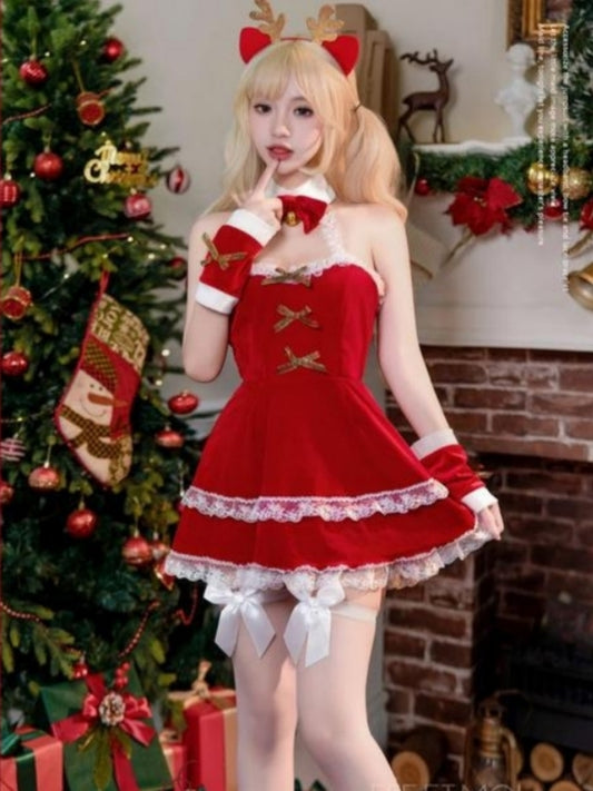 圣诞/新年丝绒性感纯情露臀诱惑抹胸露背可爱圣诞麋鹿套装#6710