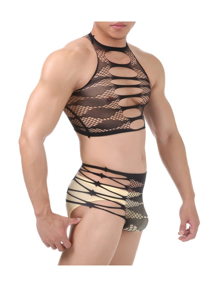 Men's Two-piece Sexy Lingerie Seductive Hollow Mesh Clothing Nightclub Male Model Bodysuit